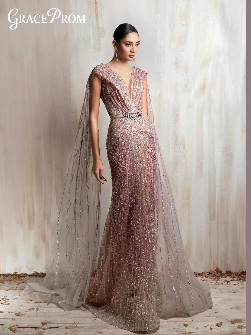 

Exquisite Deep V Neck Mermaid Evening Dress 2026 Romantic Beading Sequins Party Dress Cape Sleeve Formal Ethereal Gown For Prom