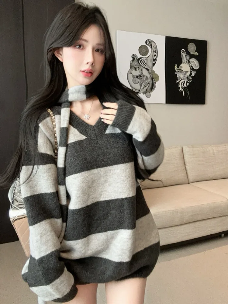 

Korean Style V-Neck Knitwear Women's Loose Soft Cozy Cashmere Striped Sweater Autumn Winter Casual Fashion Lazy Girl Design