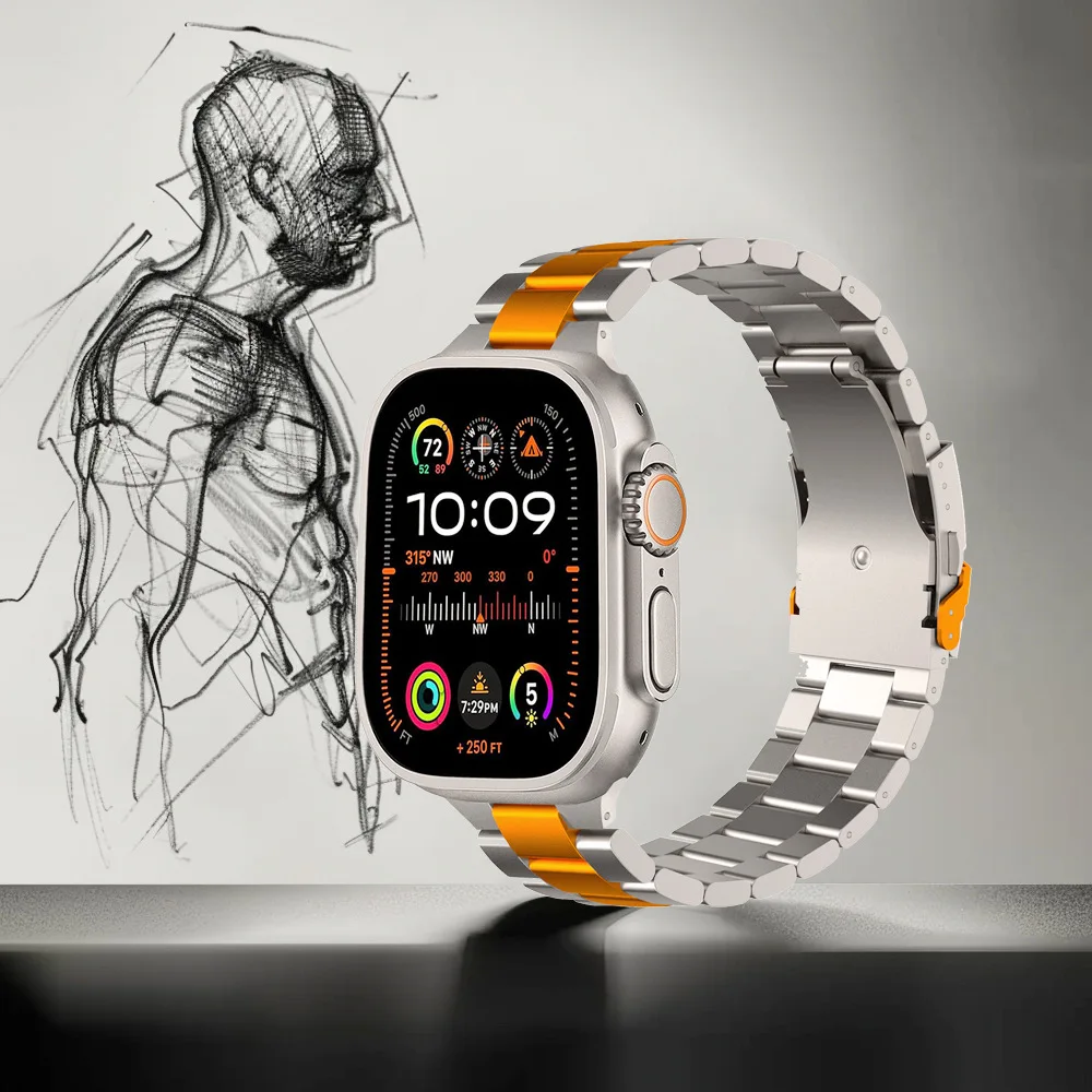 For Apple Watch strap ultra10th generation men's strong three-bead titanium alloy titanium orange integration watch bands