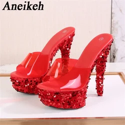 Aneike Fashion Red Wedding Shoes pantofole sandalo da donna piattaforma con paillettes tacchi alti Sexy PVC trasparente pompe per muli da festa femminile