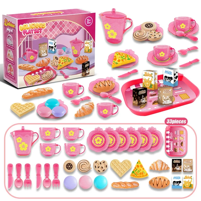 Juego de té de juguete para niñas pequeñas, juego de fiesta de té, juguetes para niños y niñas, juego de simulación, comida de cocina, aperitivos en miniatura, juegos de té de la tarde, Juguetes