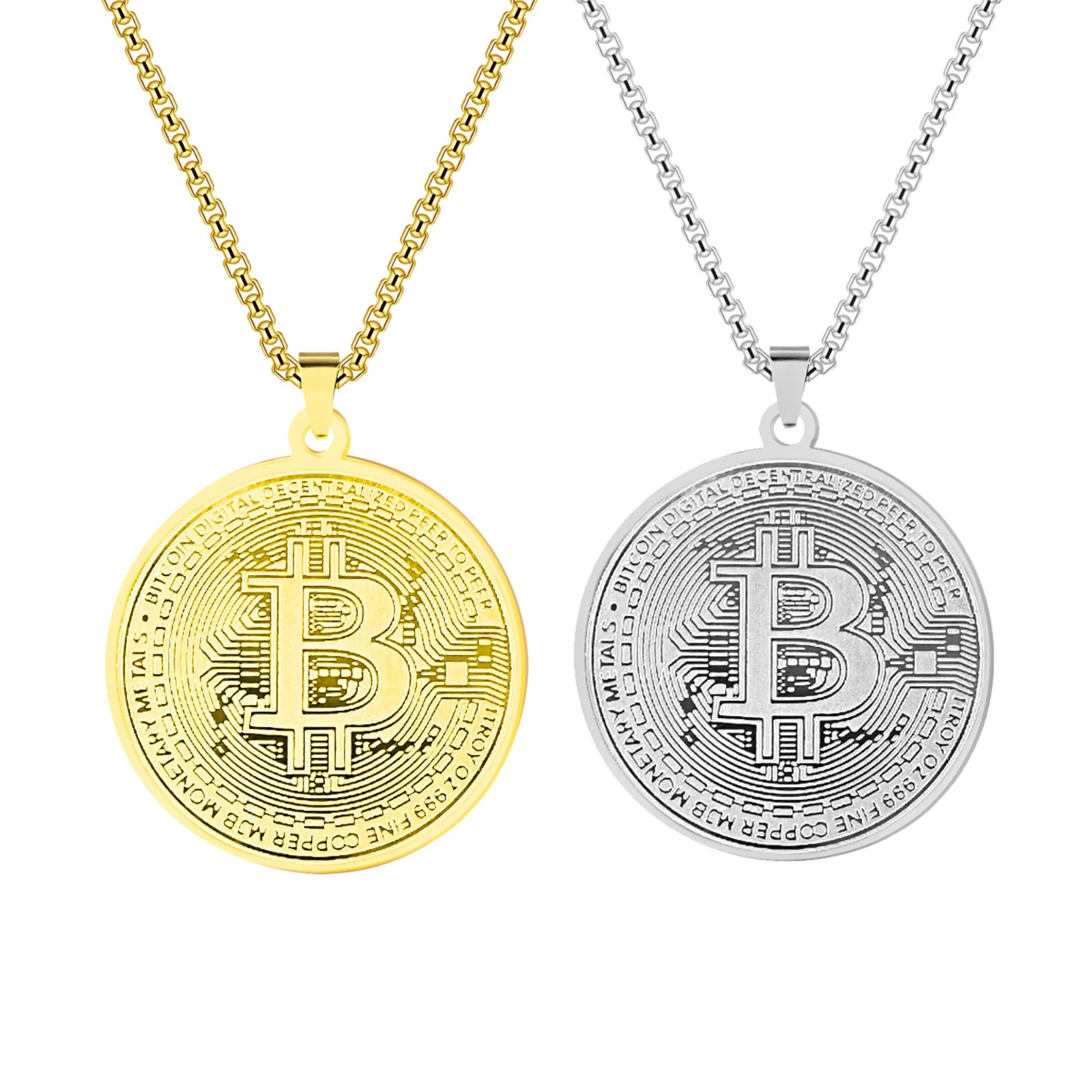 Bitcoin-Münzanhänger Halskette aus Edelstahl, Runde Medaille, Modisches Souvenir-Schmuckstück, Geschenk für Männer und Frauen – Detail 1