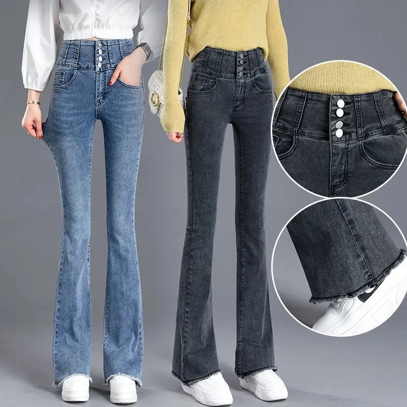 Thick High Waist Skinny Jeans Women Fashion Winter Flare Pants Plus Velvet Warm Vaqueros Fall Plush Bell-Bottom Denim Trousers