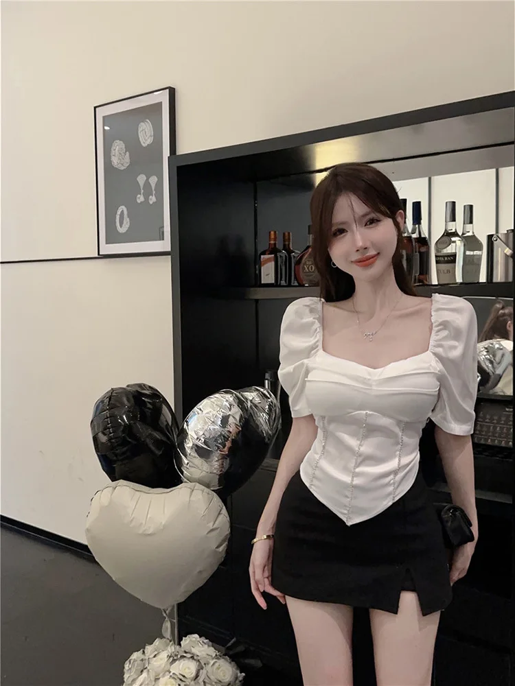 女性のためのエレガントなヴィンテージの半袖トップ,ラインストーン,ファッション,パフスリーブ,夏