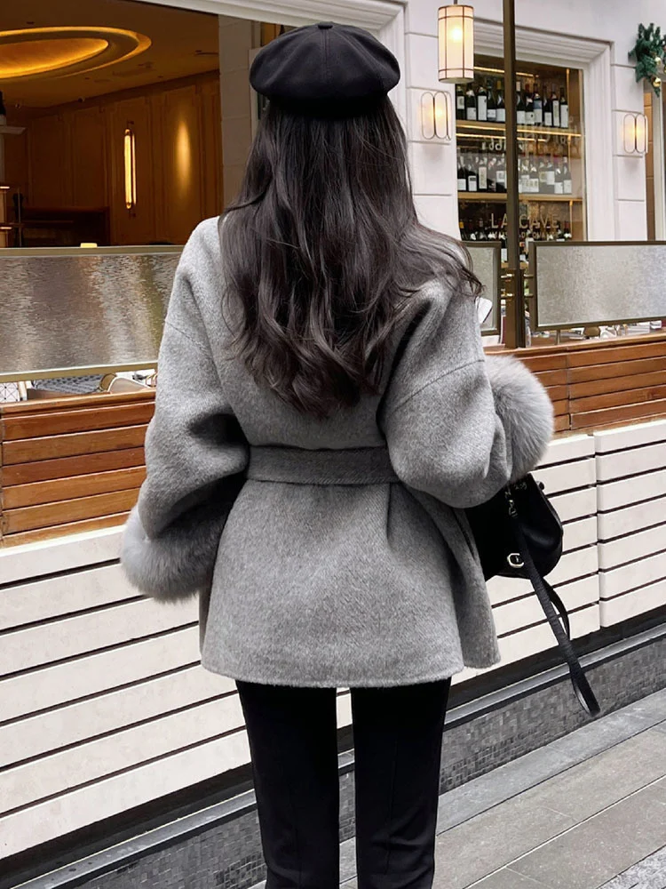 BZVW High End Double-sided Wool Strapping Coat Women\'s Removable Cuffs Fox Fur Temperament Double-sided Cashmere Short Jacket