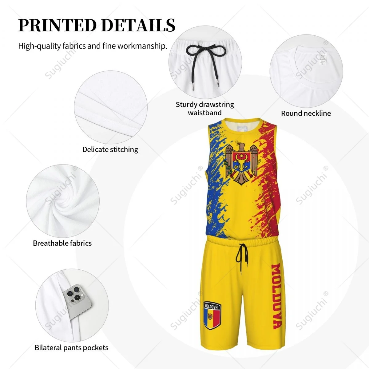 Team-up Moldova Flag Grain Men Basketball Jersey Set Shirt & Pants Sleeveless Custom Name Nunber Exclusive