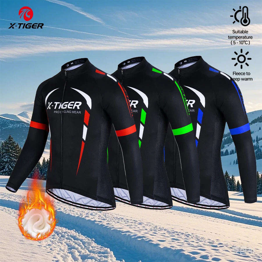 X-TIGER Winter Cycling Jersey Long Sleeve Fleece Warm Comfortable Biking Shirt With Non-Slip Smooth-Zip 3-Pocket for Road Racing