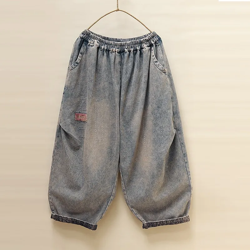 

2023 New Arts Style Spring Autumn Women Elastic Waist Cotton Denim Harem Pants Vintage Patch Devised Loose Jeans P238