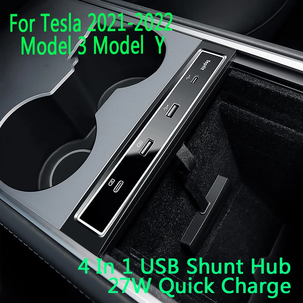 

New 4 In 1 USB Shunt Hub Interior For Tesla 20212022 Model 3 Model Y 27W Quick Charger Intelligent Docking Station Accessories