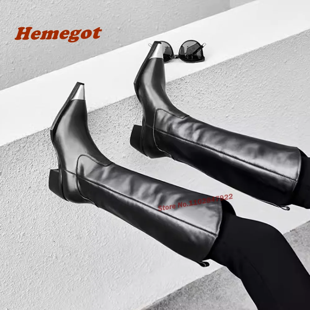 Metal Toe Square Heel Knee High Boots Winter Women\'s Boots Long Leather Warm Gladiator Shoes Luxury Newest Slip On Solid Casual