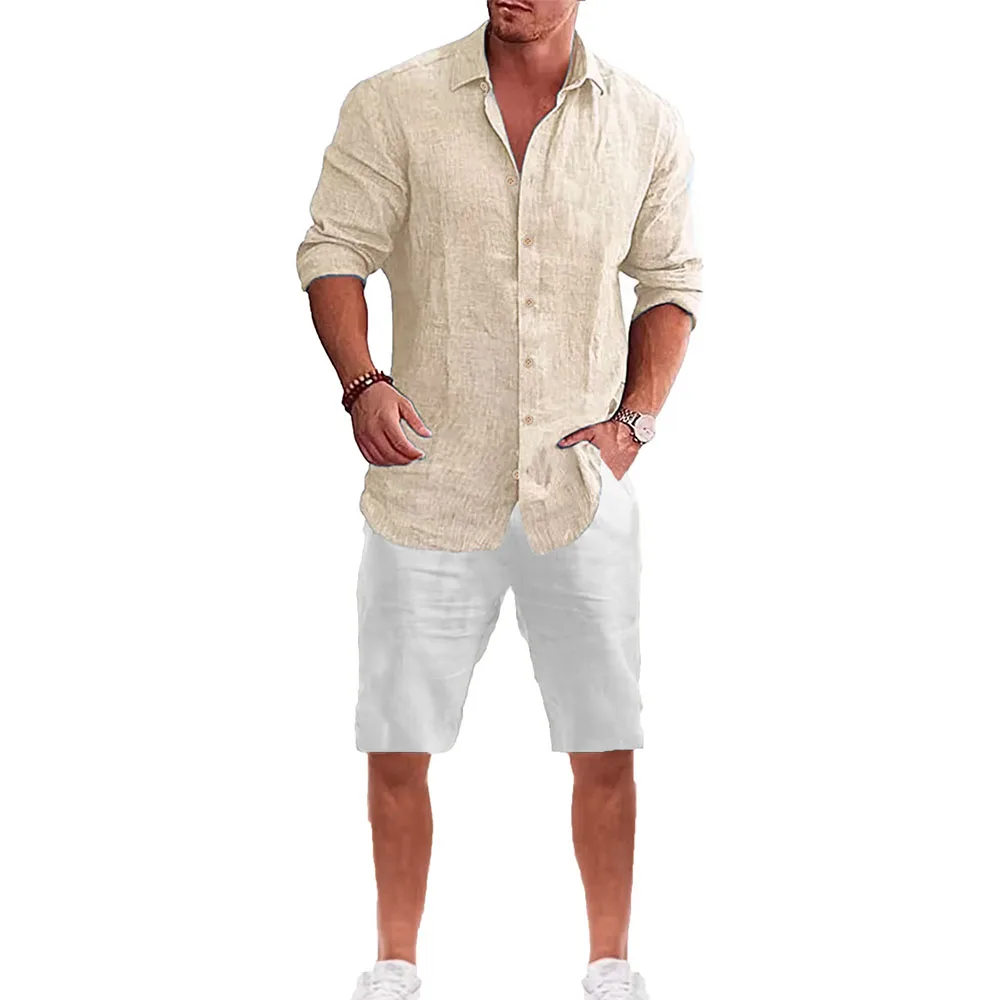 Men's Long Sleeve Shirt Suit Casual Simple Style Lapel Collar Lightweight Breathable Outfit Male Fashion Sets Spring Summer