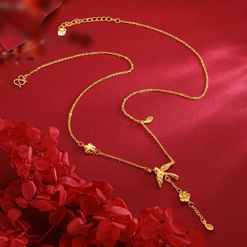 9999 Real Gold 24K Twelve Flowers Goddess Eyebrow Set Chain Premium Magpie Clavicle Necklace