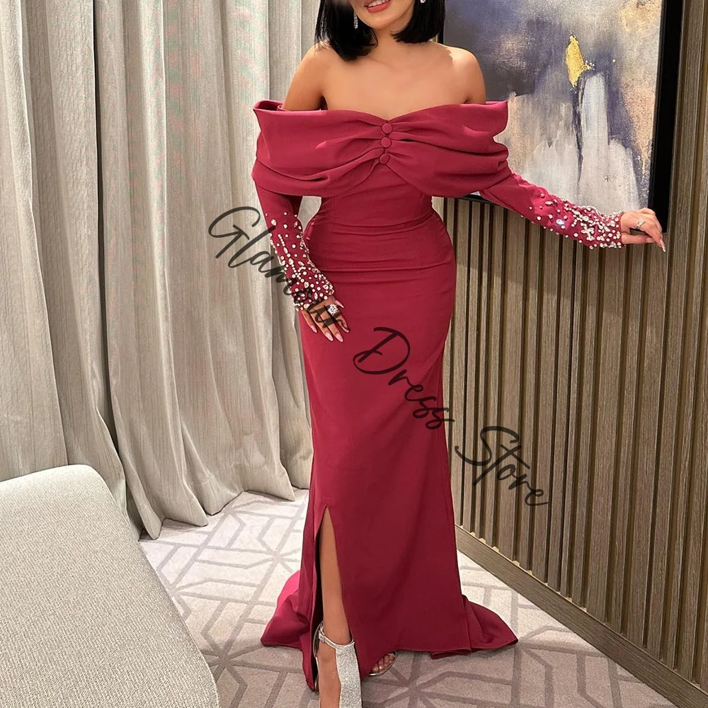 تخصيص رشيقة جيرسي مستقيم قبالة أزرار الكتف و كريستال مساء فستان طويل الأكمام لوحة قطار الأحمر Pr #5