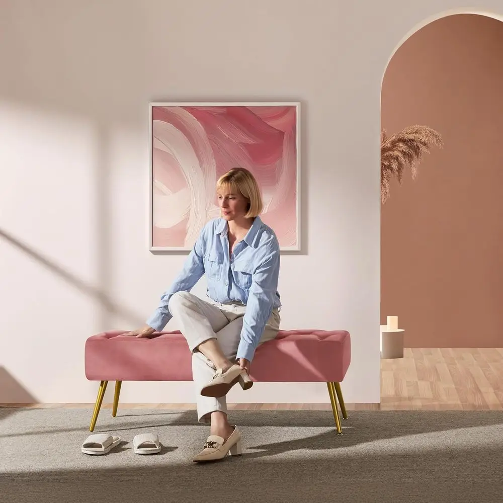 ern Ottoman Bench Velvet Bench Upholstered ootrest or Living Room with Gold Metal Legs and Padded Seat Pink