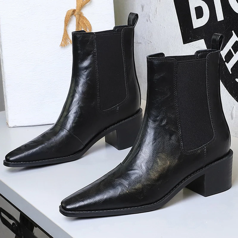 

Новинка 2026, женские ботинки челси на массивном каблуке, кожаная обувь, женские ботильоны с острым носком, модные женские короткие ботинки, осенне-зимние ботинки