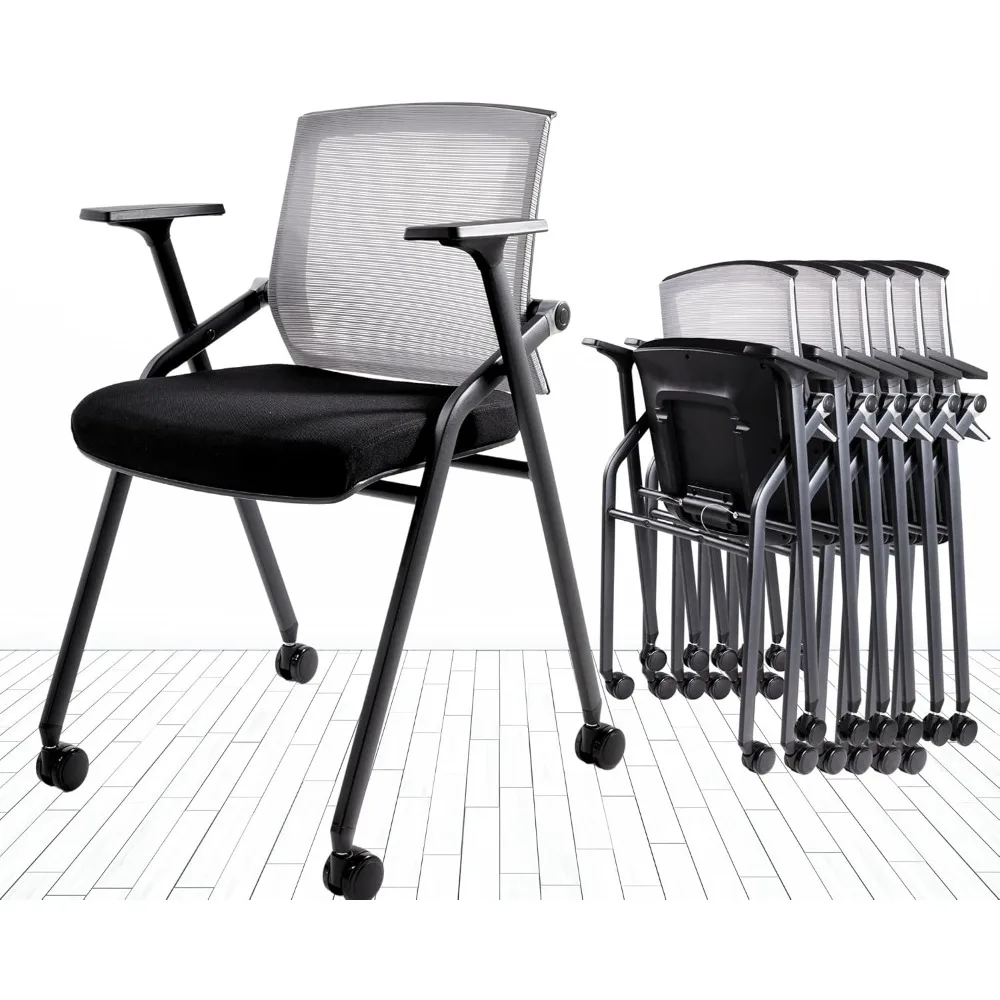 2 Pack Folding Office Desk Chair with Lumbar Support and Sliding Armrest with Casters, Stackable Office Guest Chairs