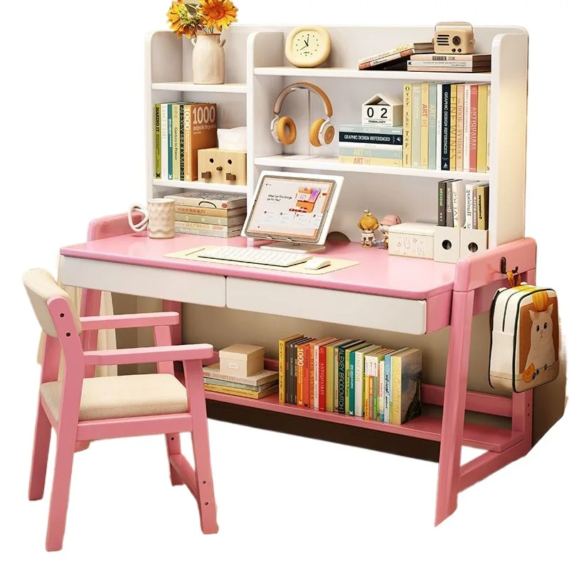 Solid wood desk Student home desk Bookshelf integrated learning computer desk lift