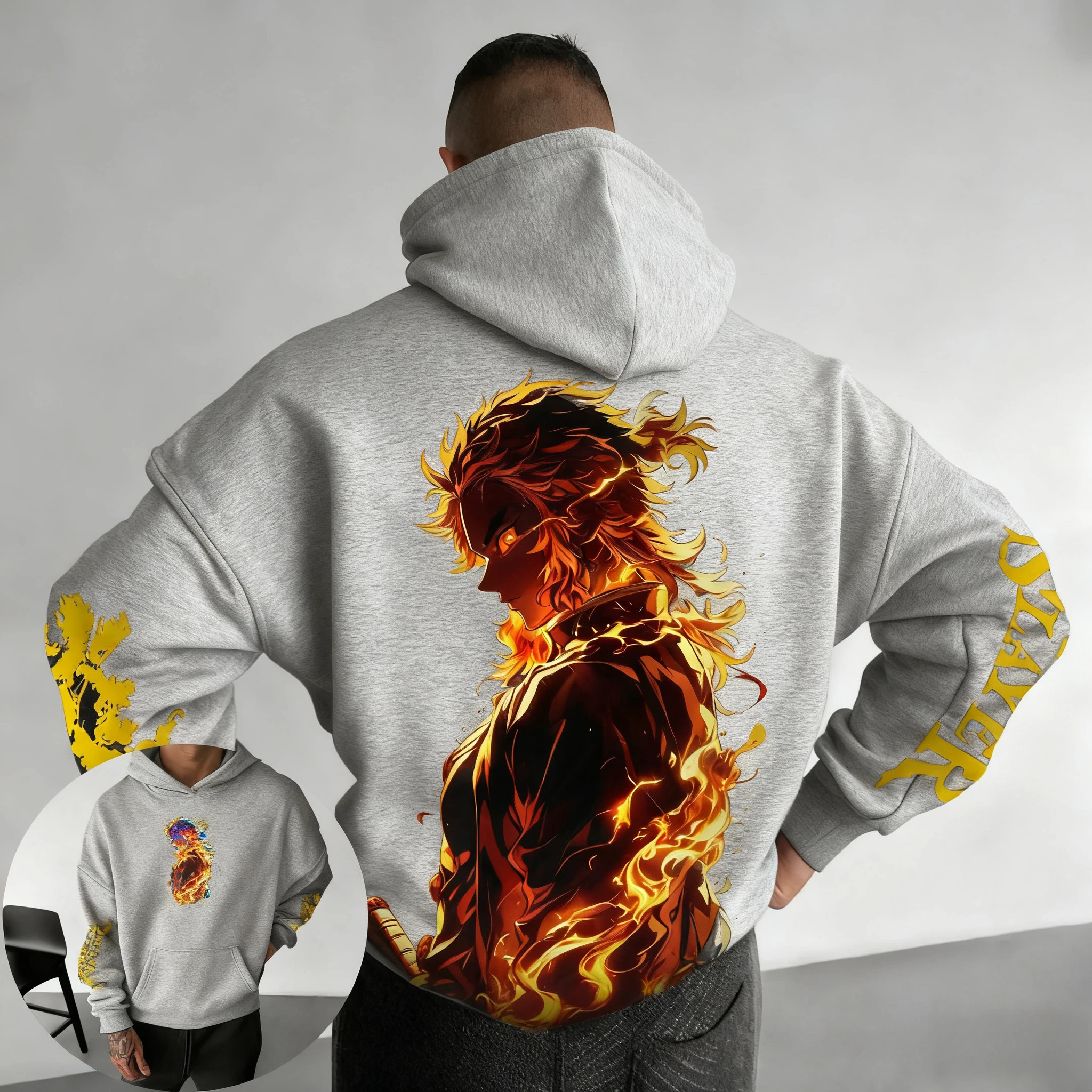 

Bandai Demon Killer 2026 Новая мужская толстовка с капюшоном Rengoku Kyoujurou с аниме-принтом, свободная повседневная термобелье больших размеров для родителей и детей