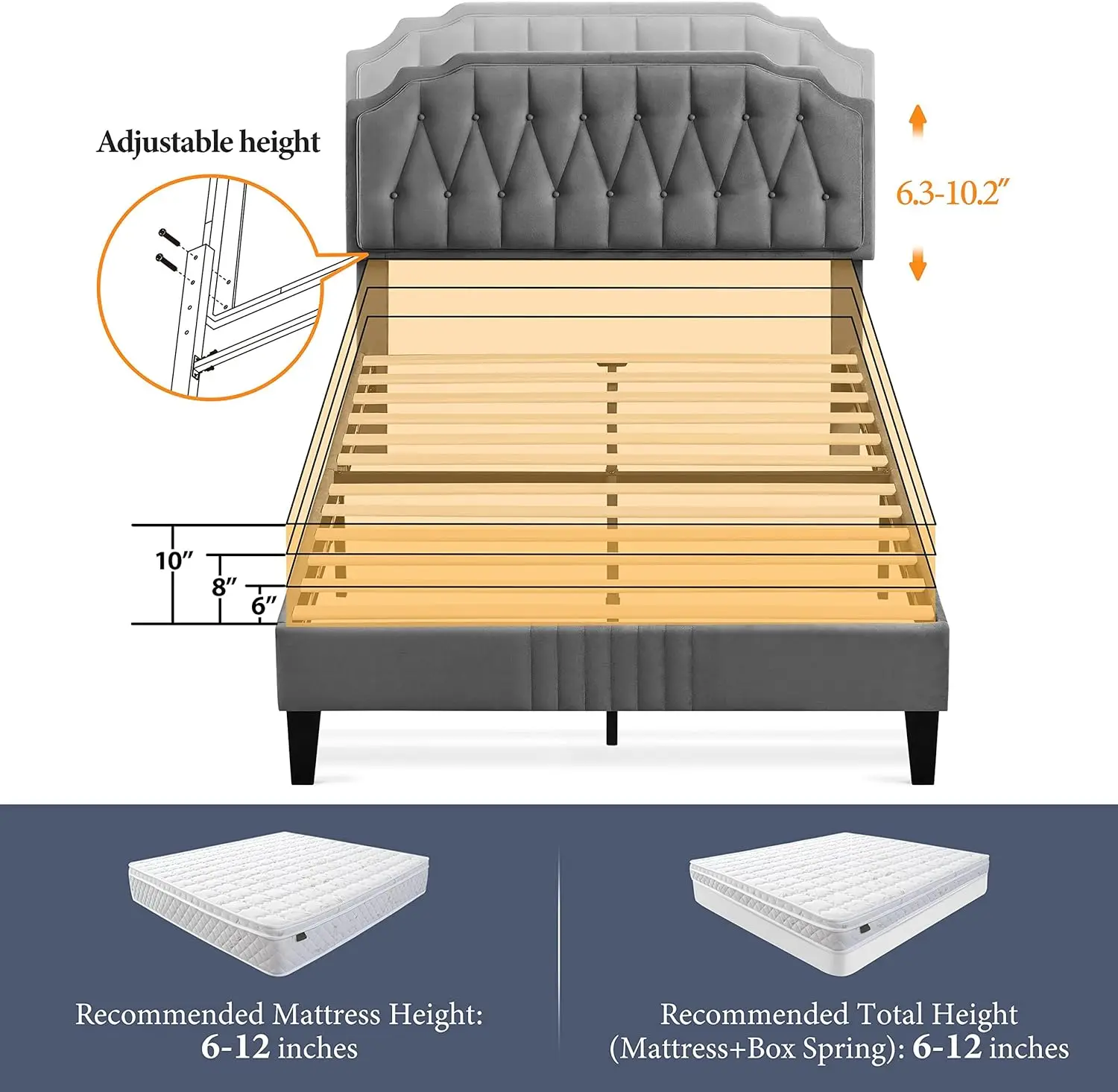 Bed Frame Velvet Upholstered Platform Bed, Height-Adjustable Headboard/Noise-Free/Wooden Slats Support/No Box Spring