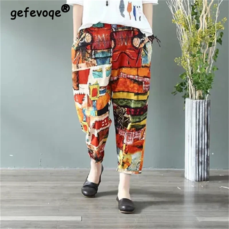 

Women Clothes Trendy Vintage Ethnic Style Print Y2K Beach Harem Pants Summer Elastic Waist Cotton Trousers Casual Loose Pantalon