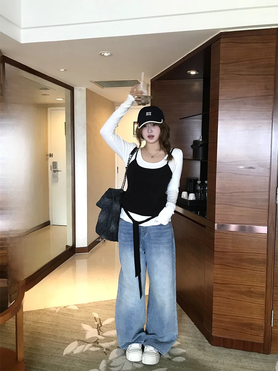 

Джинсы с талией, удобные свободные прямые брюки, базовые универсальные корейские джинсы больших размеров, женские повседневные джинсы премиум-класса