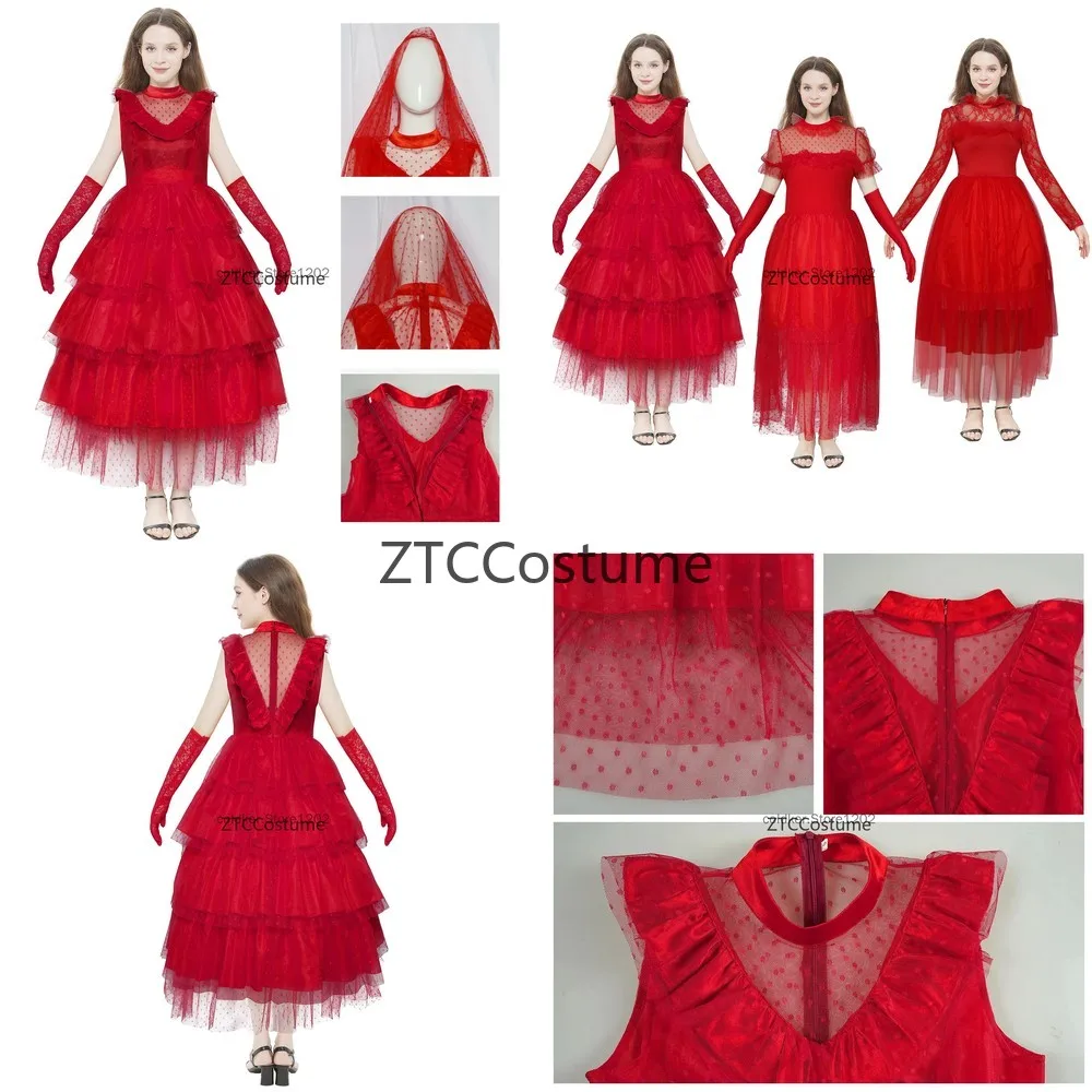 

Lydia Deetz Cosplay Costume Gothic Red Wedding Dress Veil Bridal Evening Gown Halloween Scary Outfit