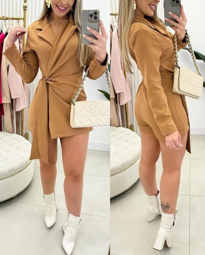 

Sexy Elegant New Fashion 2024Autumn Winter Spring Casual Jumpsuits Notched Collar Tied Detail Wrap Romper Women's Clothing Sales