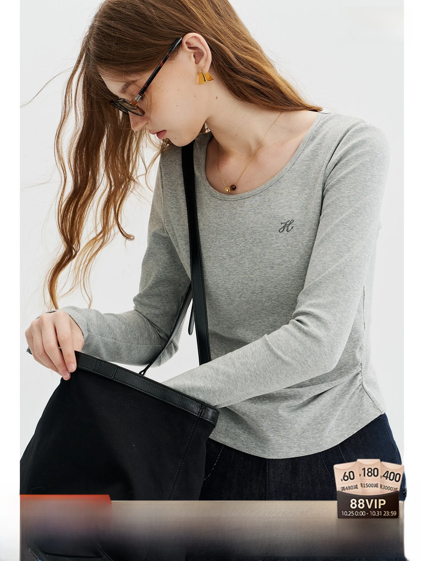 Classy Long Sleeve T-Shirt Women's Classic Versatile Basic Style Drawstring Waist Pleated Large round Neck Comfortable Cotton