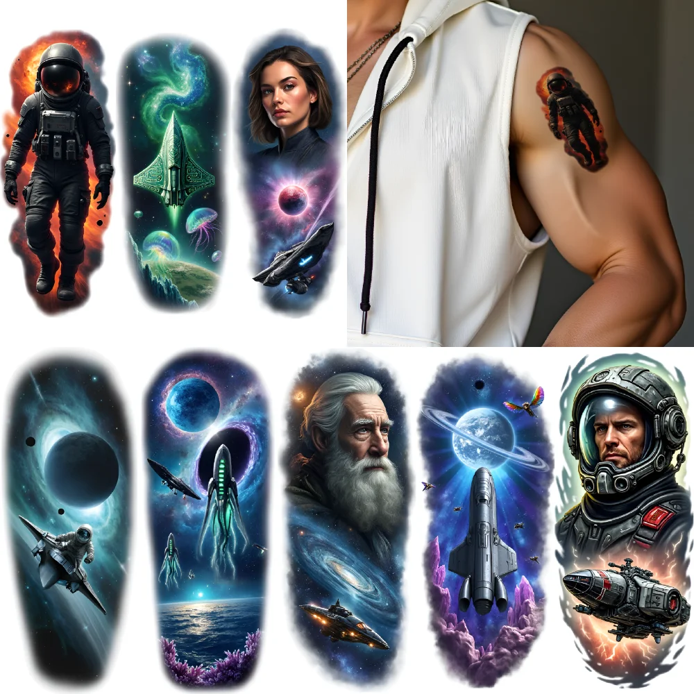

12pcs Temporary Tattoo Astronaut Colorful Realism Planet Galaxy Waterproof Long-lasting Body Stickers Spaceship For Women
