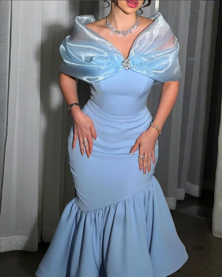 Небесно-голубые вечерние платья длиной до щиколотки Фея с открытыми плечами Саудовская Аравия Платье для гостей на свадьбу по индивидуальному заказу