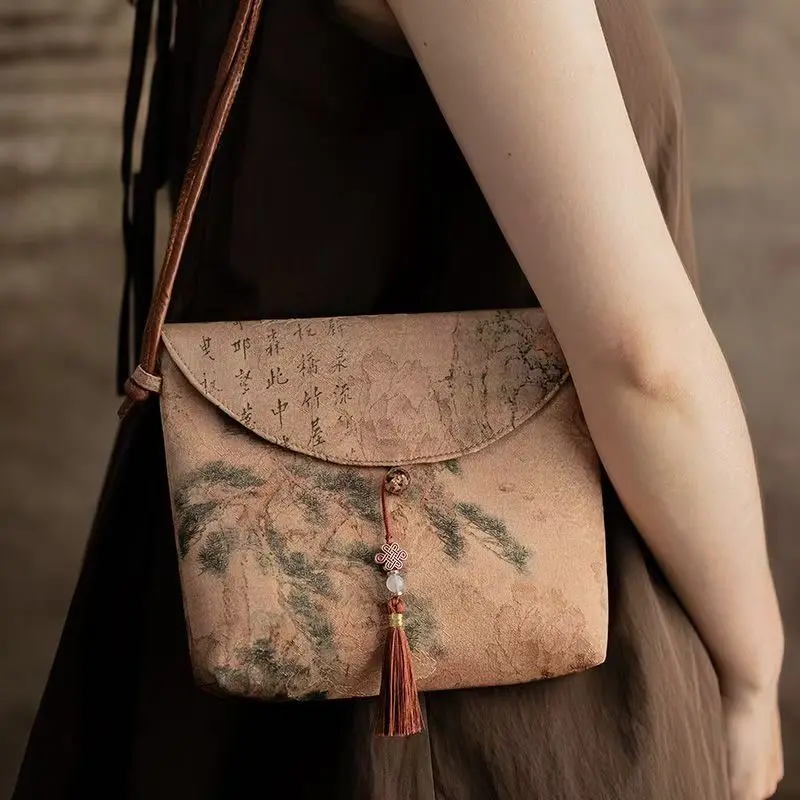 Vintage Chinese Style Crossbody Bag for Women 2026 New Lightweight Imitation Silk Print Bag with Tassel Ornament Shoulder Bag