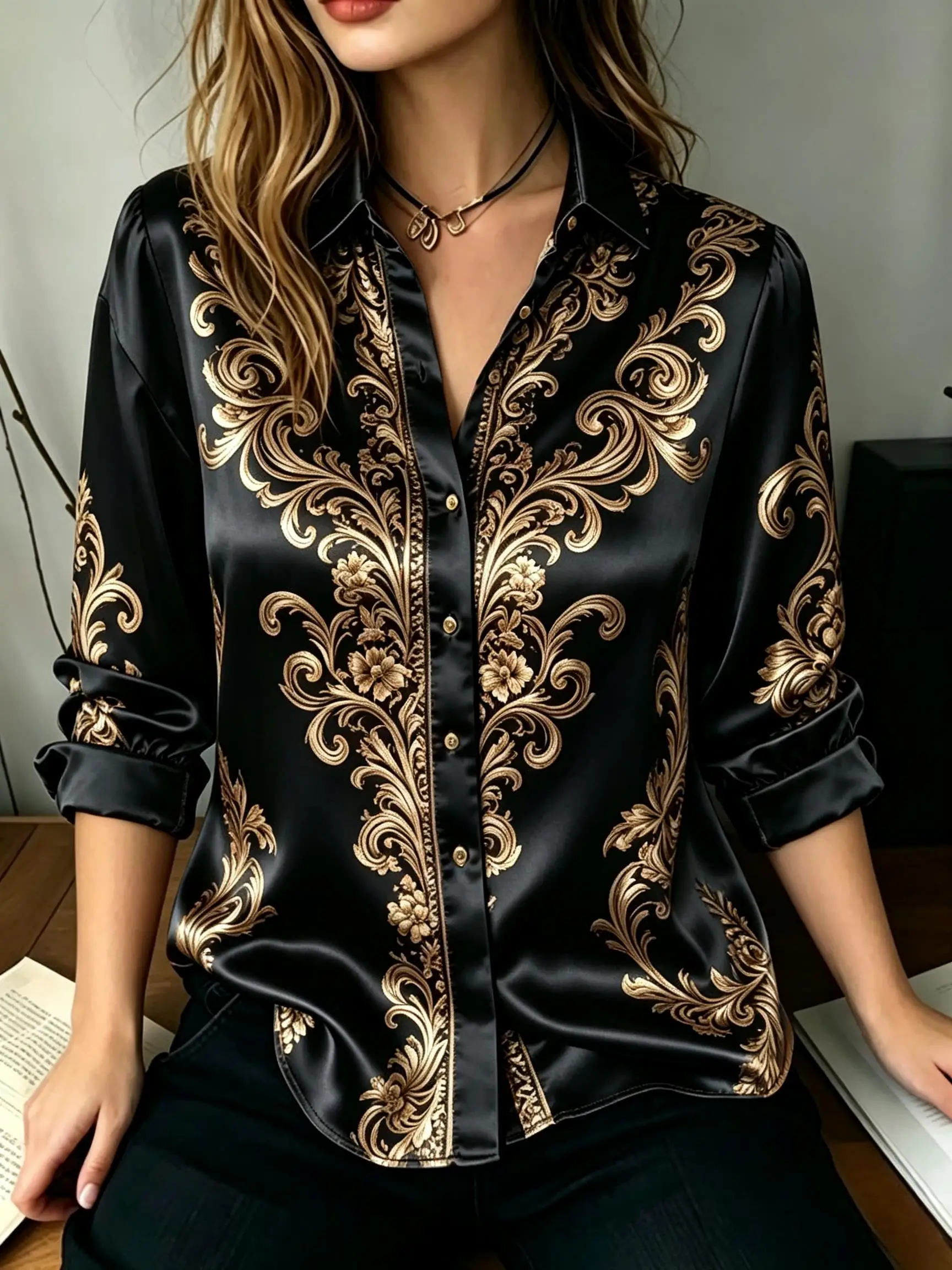 Women Vintage Baroque Floral Scroll Print Lapel Collar Long Sleeve Shirt Loose Button Down Fashion Casual Blouse Tops