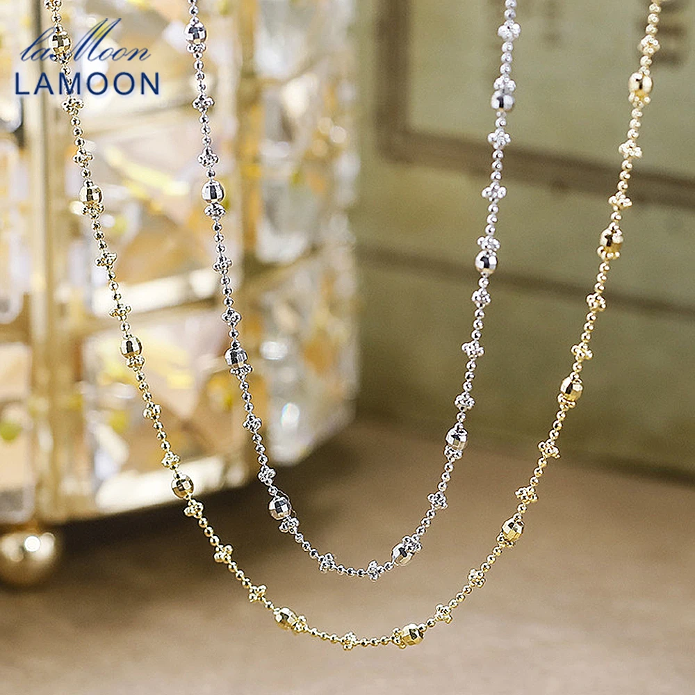 LAMOON 925 Sterling Silver Chain Necklace For Women Stacked Style Shiny Round Bead Gold Plated Neck Choker Fine Jewelry Gifts