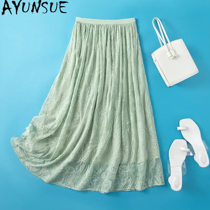 

95% Mulberry Silk Skirt Women High Waist Temperament Elastic Waist Skirt Embroidery A-line Green Skirts Women's Clothing Jupes