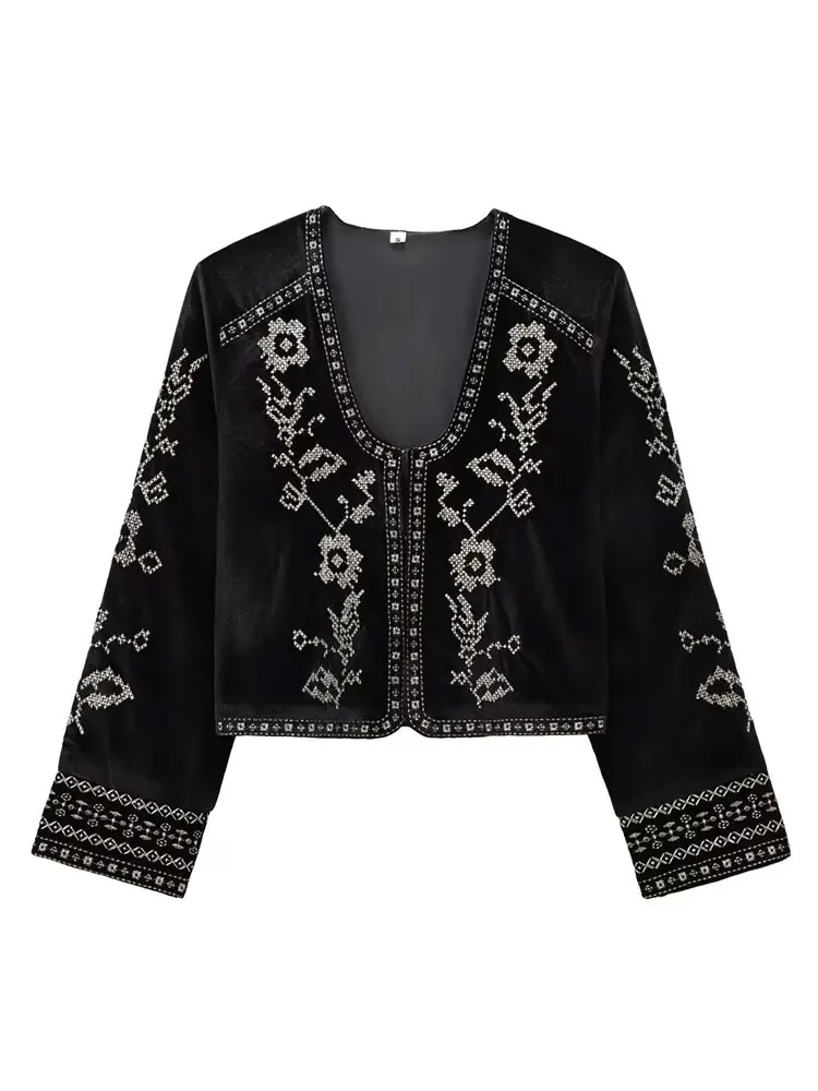 

HH Elegant Velvet Embroidered Coats For Women Long Sleeves Hidden Button Jacket Female Spring Vintage Streetwear Jackets
