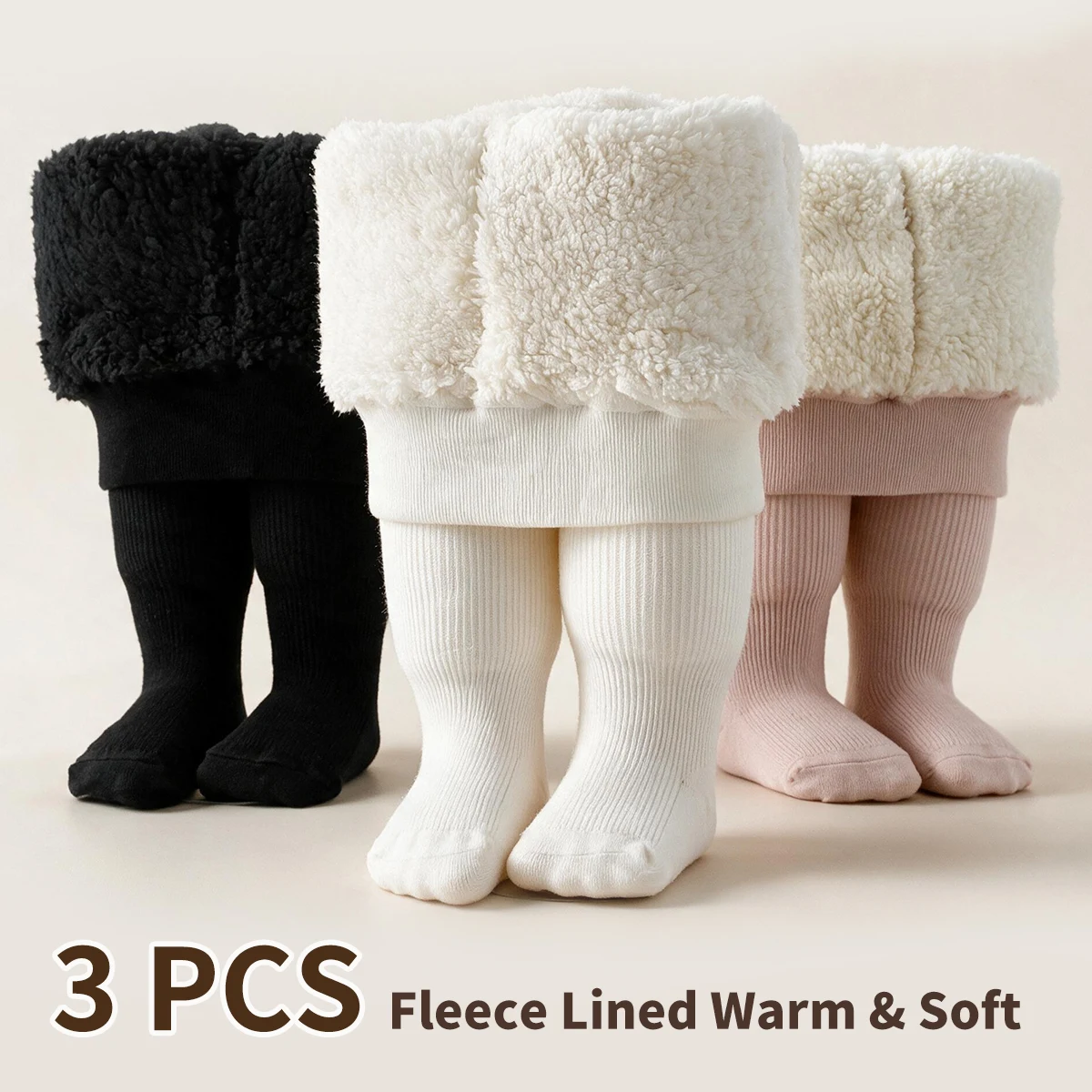 3 PCS Baby Girls Solid Color Thick Fleece Lined Footed Tights, Stretchy Thermal Pantyhose for Autumn Winter