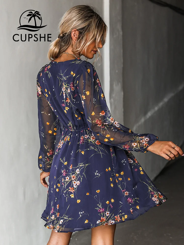 CUPSHE Chiffon V-neck Long Sleeve Mini Dress Woman Floral Holiday Beach Tunic Short Cover Up 2023 Summer Dress Beachwear