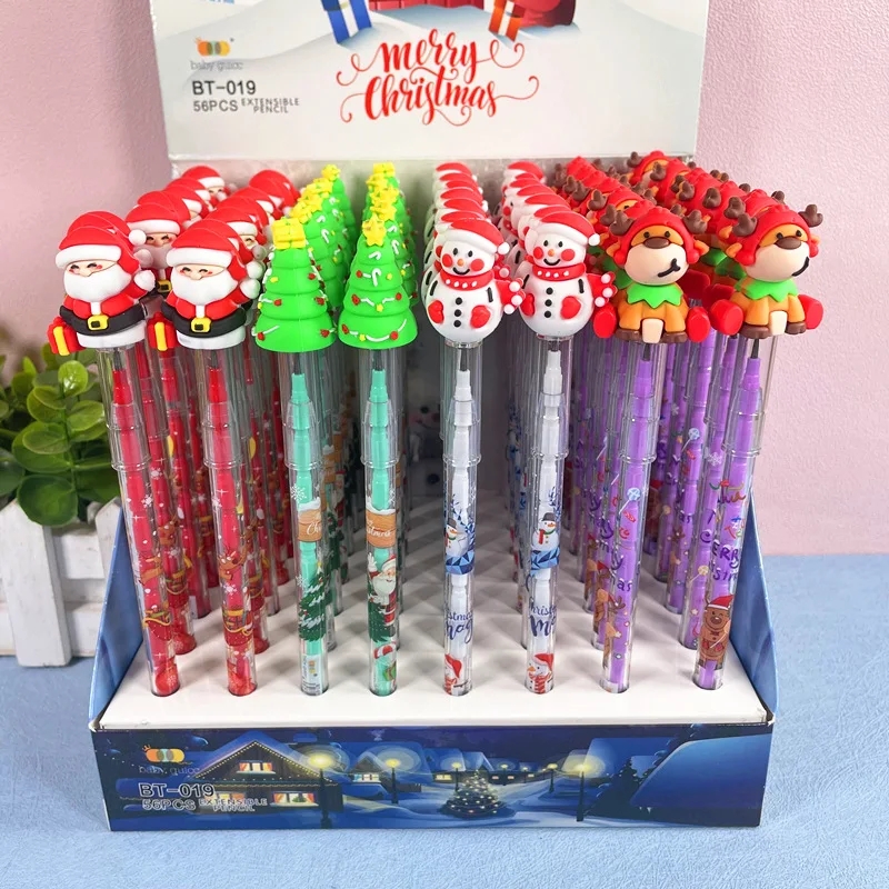 8Pcs Santa Claus Reindeer Snowman Stackable Block Pencils for Kids Christmas Theme Party Favors Back To School Stationery Gift