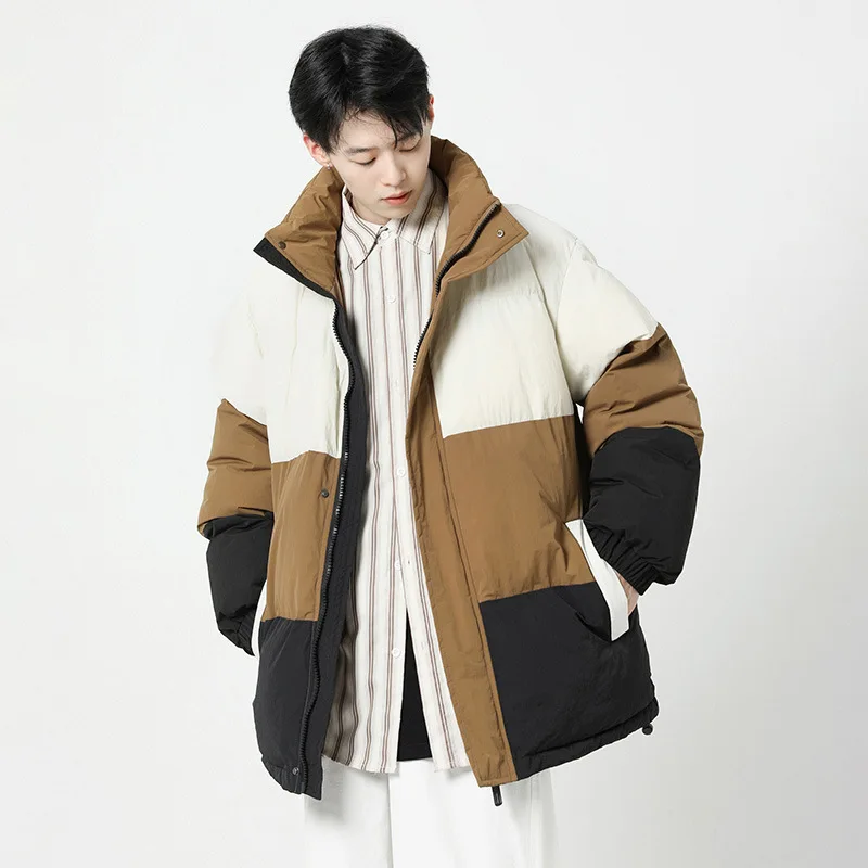 

2025 Winter Men Jacket Thicken Warm Patchwork Stand Collar Male Down Outerwear Long Sleeve Zipper Loose Versatile Man Coat