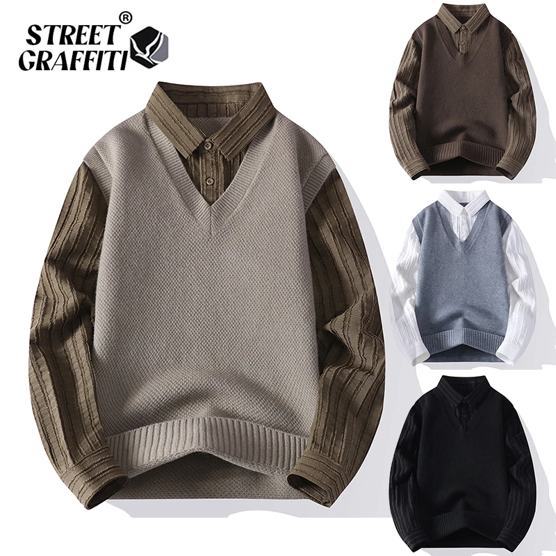 

Fake Two-piece Sweater Men's Autumn and Winter Shirt Collar Knitted Vest Casual Interior High-grade Wool Top for Teenagers