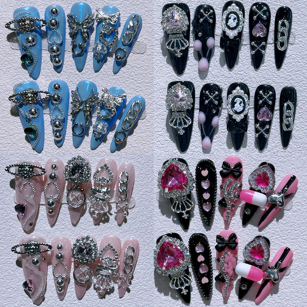 Gothic Dark Spicy Girl Punk Style Full Cover Fake Nails Art Long Pointed Shape Love Pink Diamond Wearable Artificial False Nail