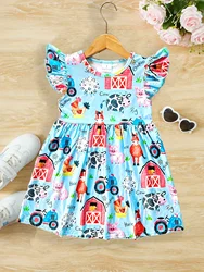 Cartoon Farm Animals And Items Pattern Flutter Sleeve Crew Neck Dress For Girls, Casual Daily Dress Summer Gift, Girls' Clothing