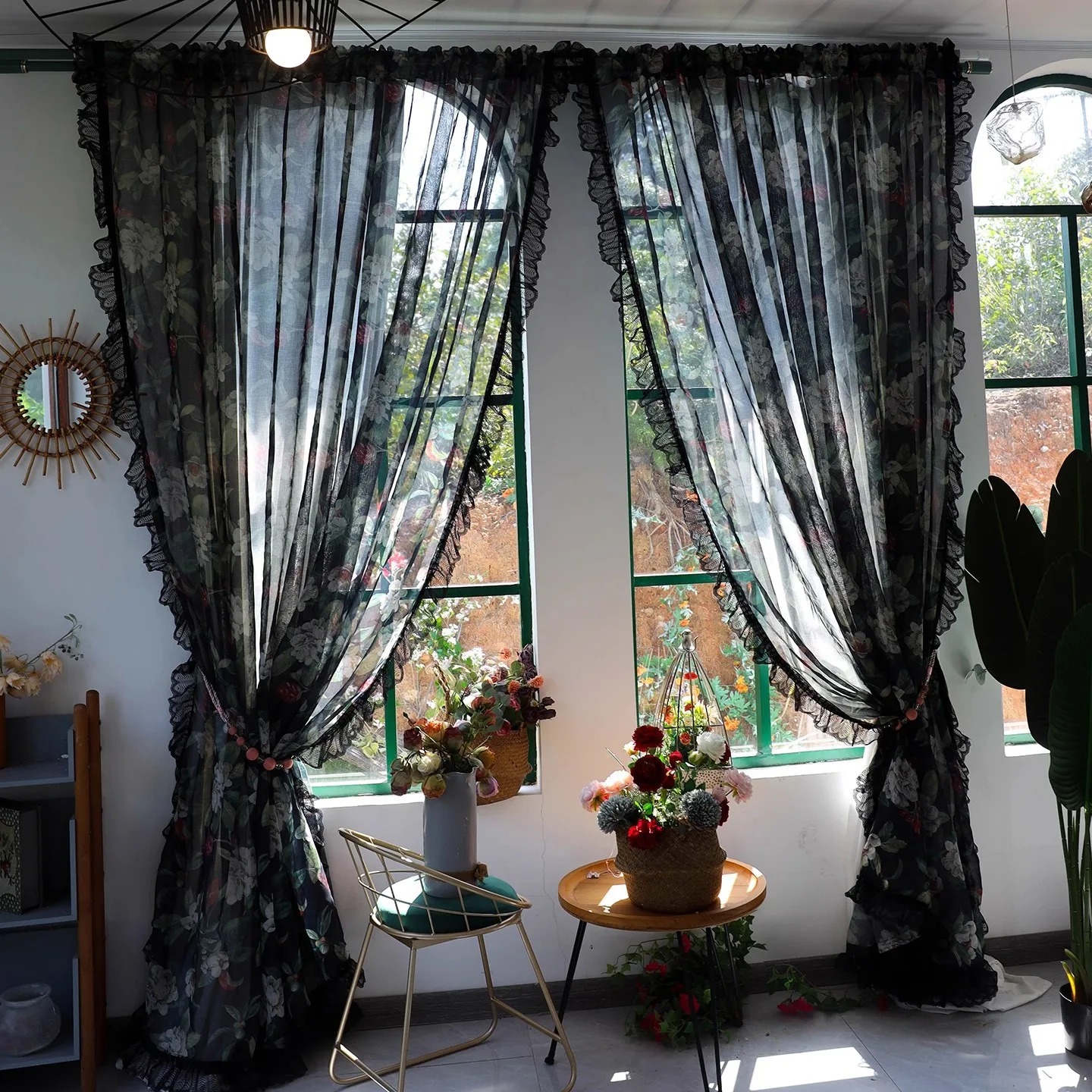 Hawaii Tropical Broadleaves Islander Style Black Tulle Curtain with lace decoration One Pannel