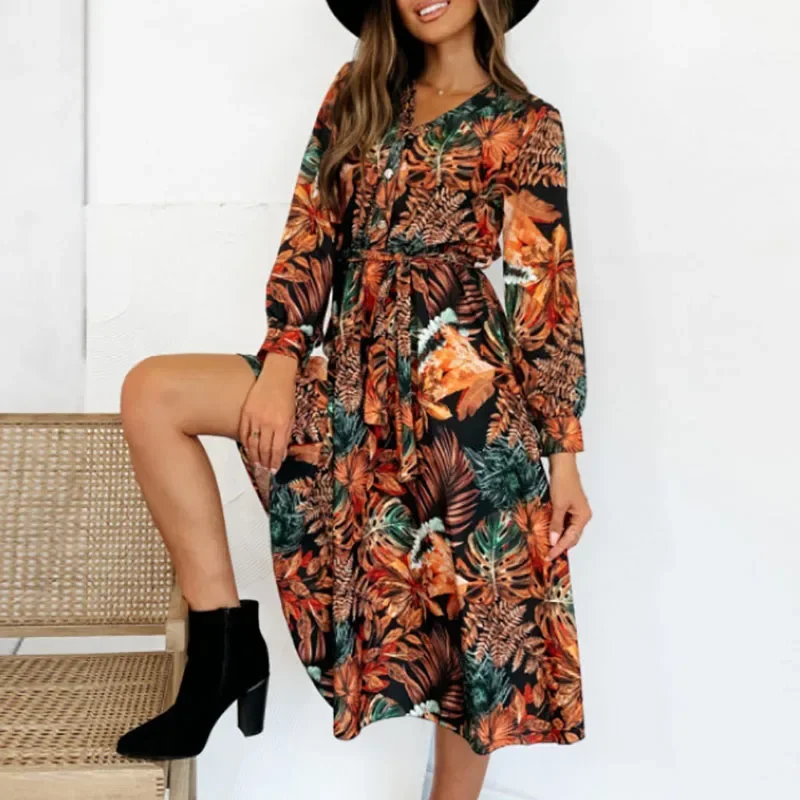 Women Elegant V-neck Button Long Shirt Dress Spring Pattern Print Lace-up Slim Maxi Dress Autumn Long Sleeve A-Line Boho Dresses