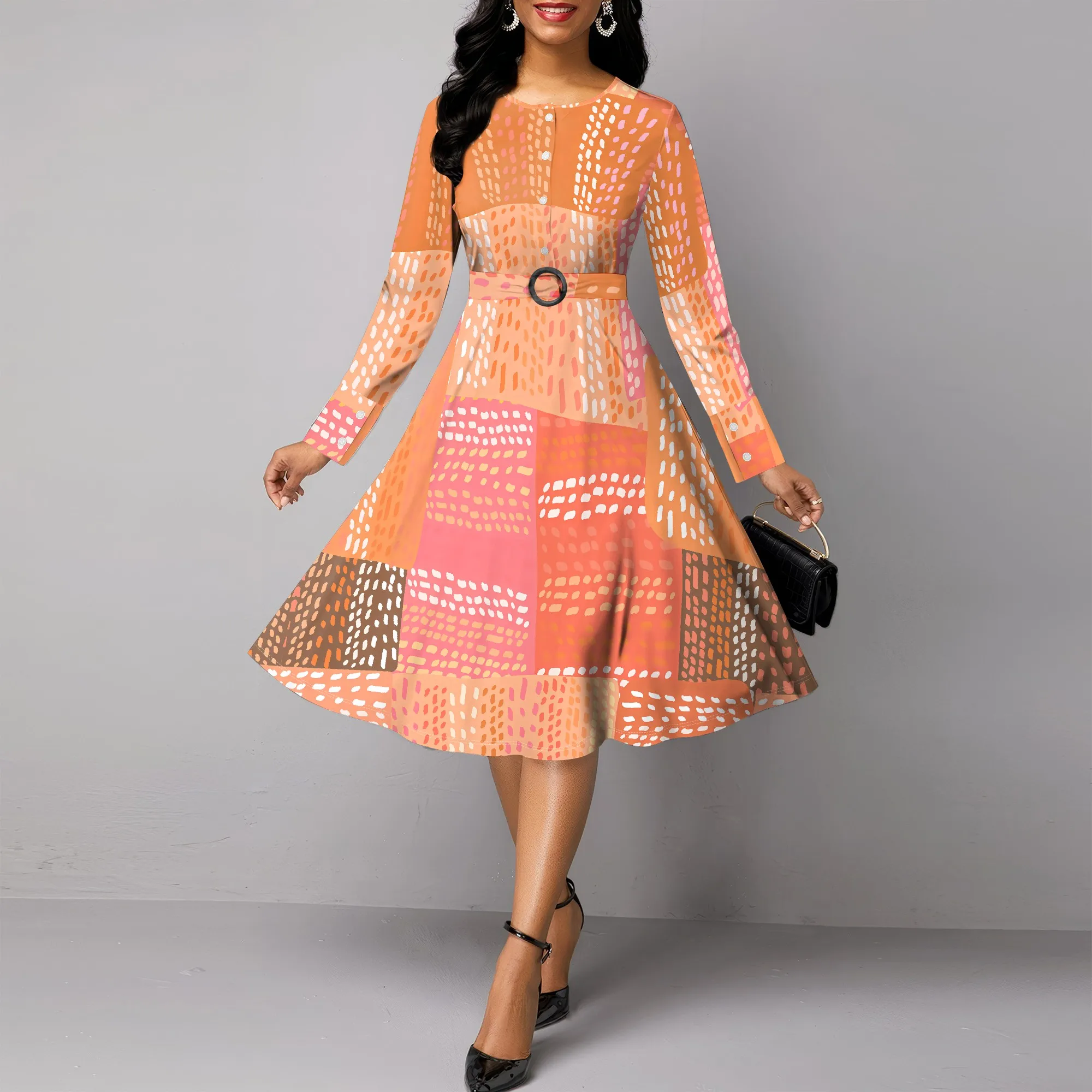

Nupusa Patchwork Texture Print Dress for Women Regular Size Summer Casual Round Neck Long Sleeve Midi Dress