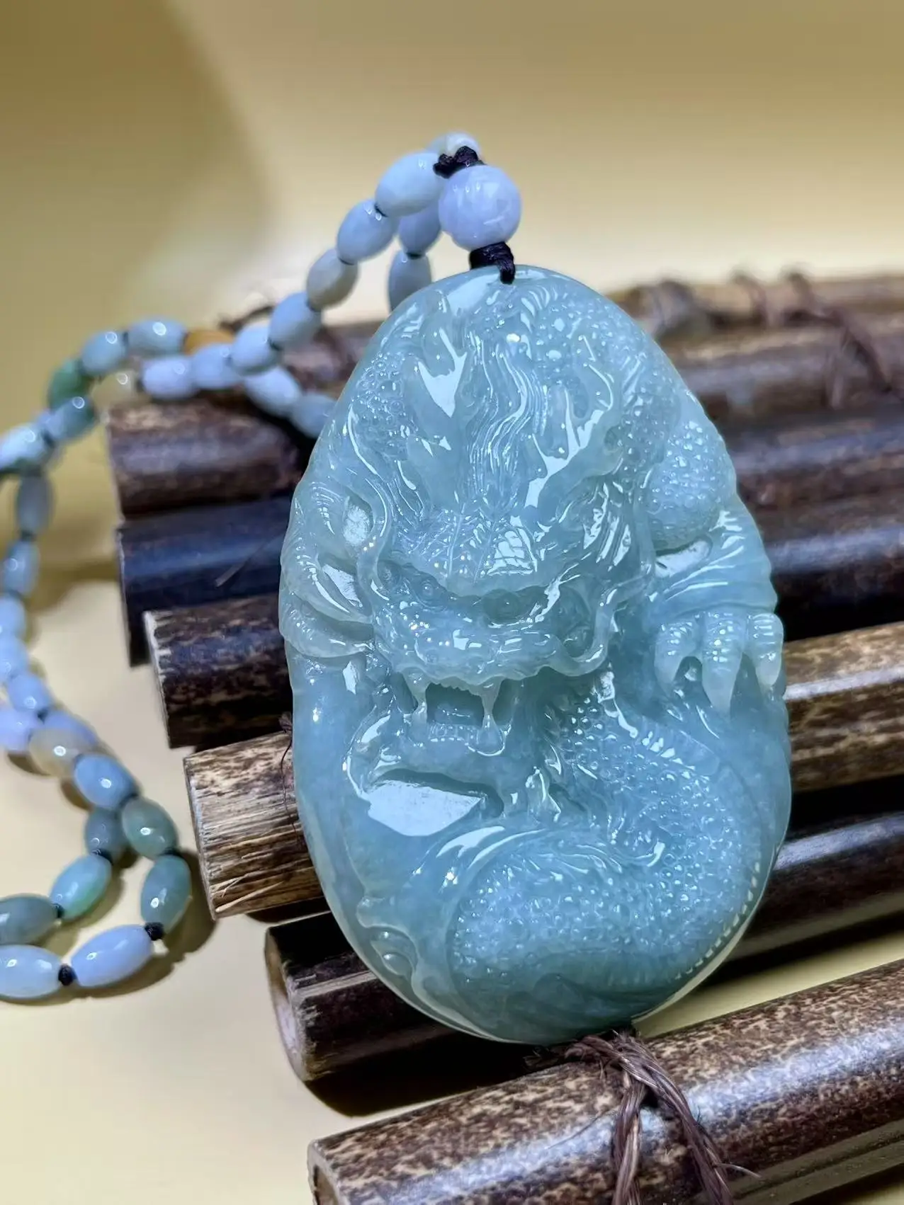 

Natural Grade A Light Blue Jadeite Dragon Pendant Necklace – Hand-Carved Auspicious Dragon Amulet for Power and Protection