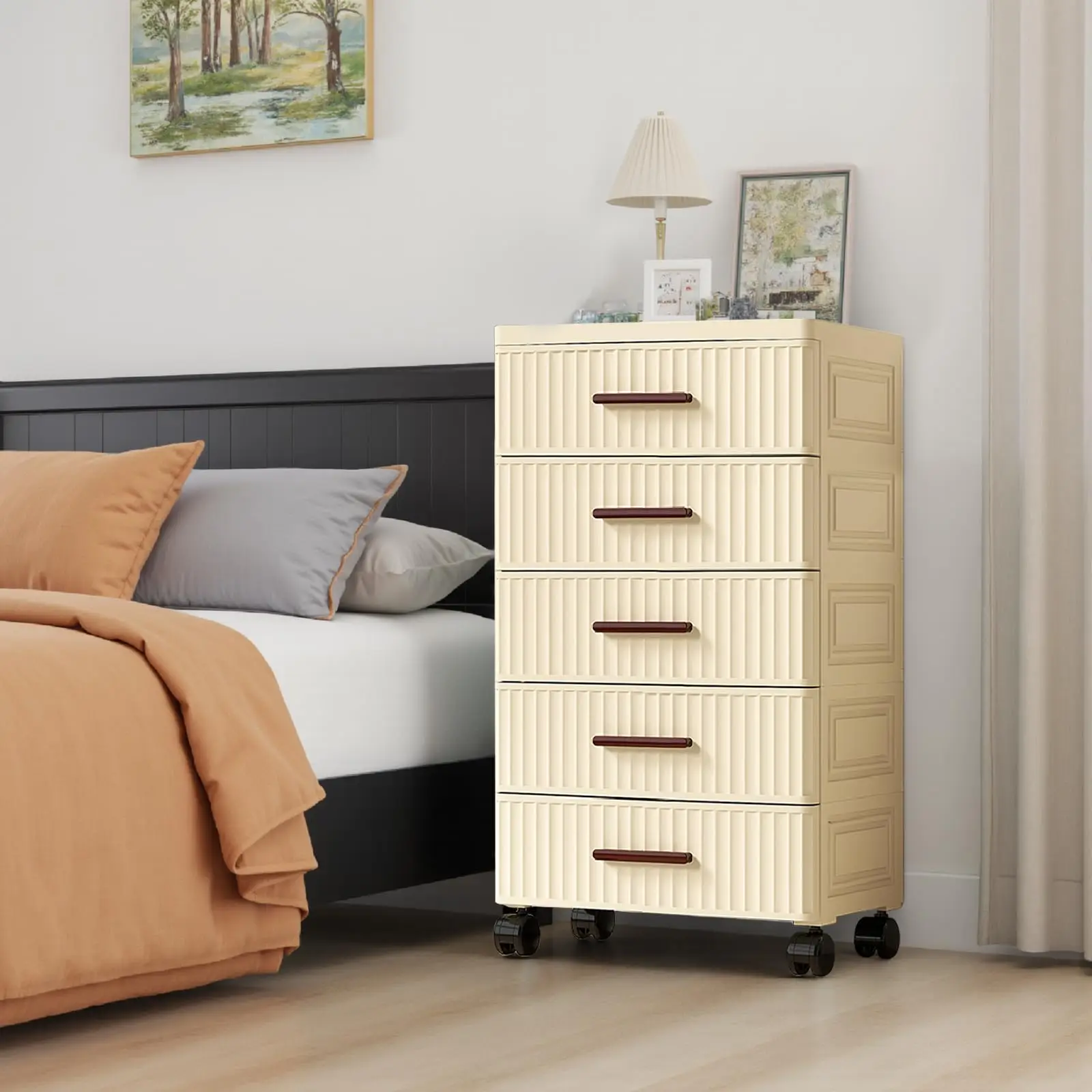 Multifunctional Drawer Storage Cabinet Bedside Table Living Room Snack Children's Toys Books Clothes Storage Cabinet Cream Color 48cm Width Primary Color Handle 5 Layers ﻿