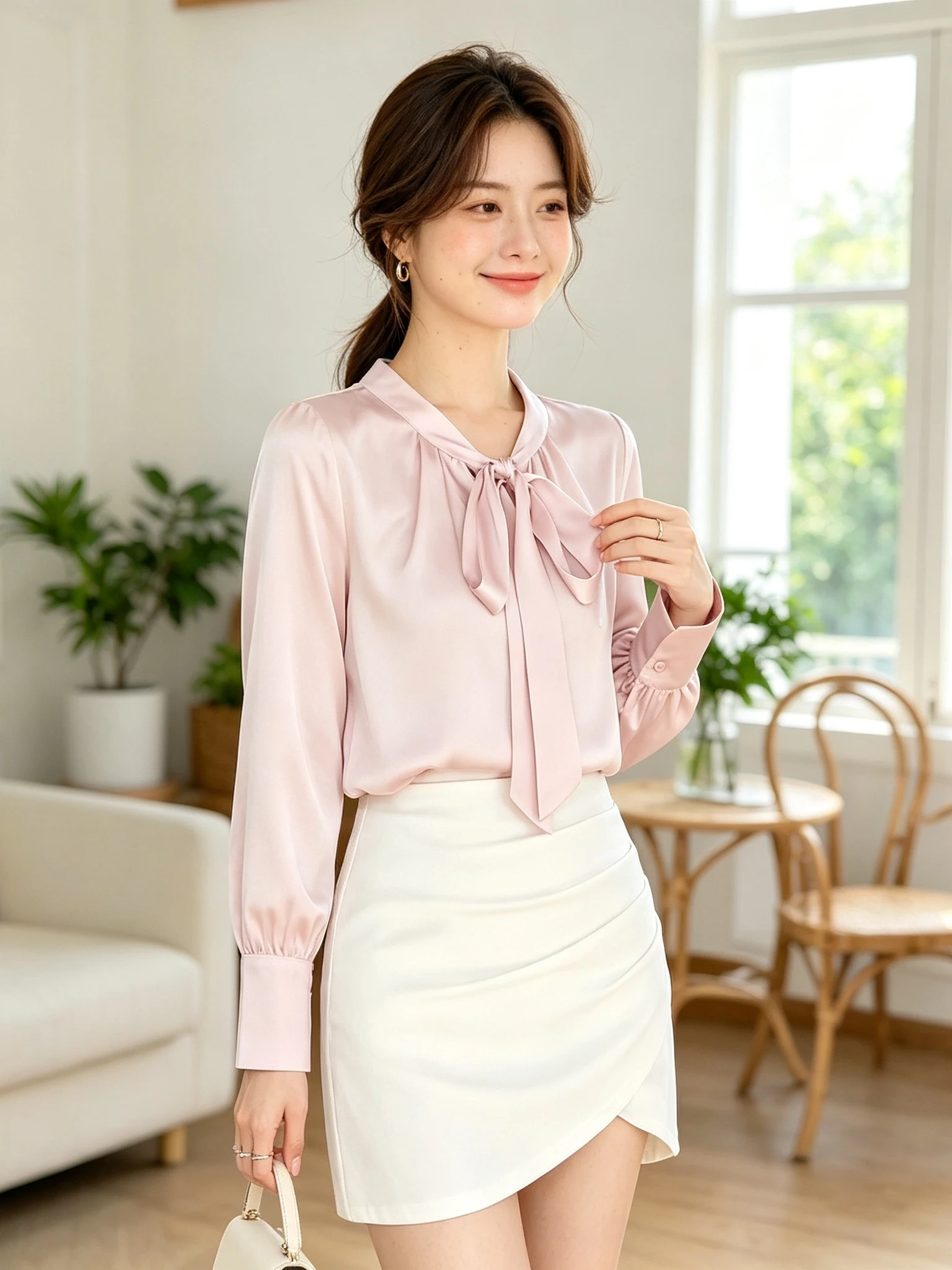 Professional Commuter Long Sleeve Shirt Women's Spring Autumn Interview Blouse Underwear Layering Knot Ribbon Top