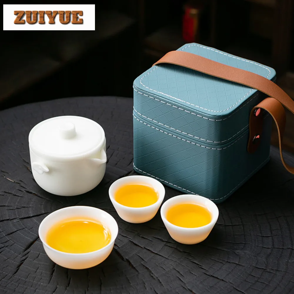 Handmade Iced Sheep Fat Jade Porcelain Tea Set Kit Luxury Set of Cups 1 Pot 3 Cups Tea Maker Travel Tea Set Portable Handbag