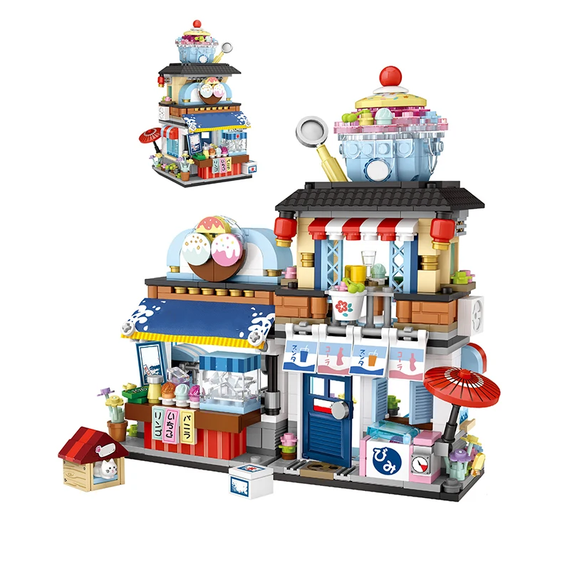 Mini Building Blocks City Street Scene Ice Cream Shop Restaurant House Model Toy Suitable for Home Decoration and Holiday Gifts